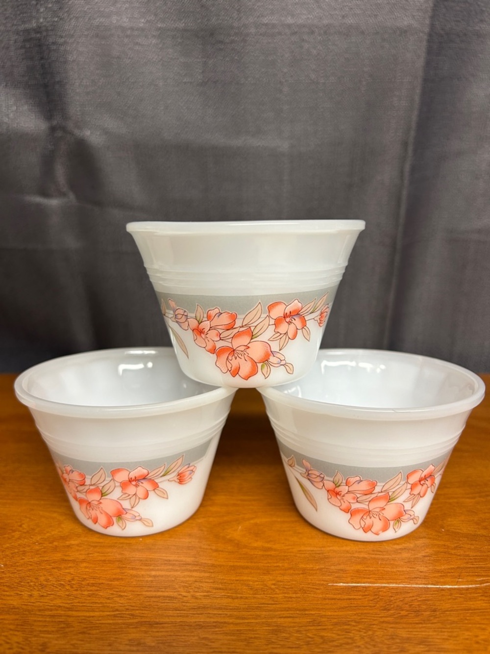 Indopal White Milk Glass Custard Cups Ramekins Peach Floral Gray Stripe set of 3
